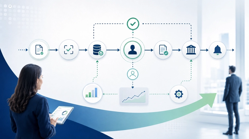 Business process automation workflow connecting tasks, systems, approvals, and analytics